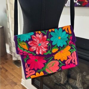 Pink and Blue Floral Crossbody Bag with Long Strap. 10” X 8”